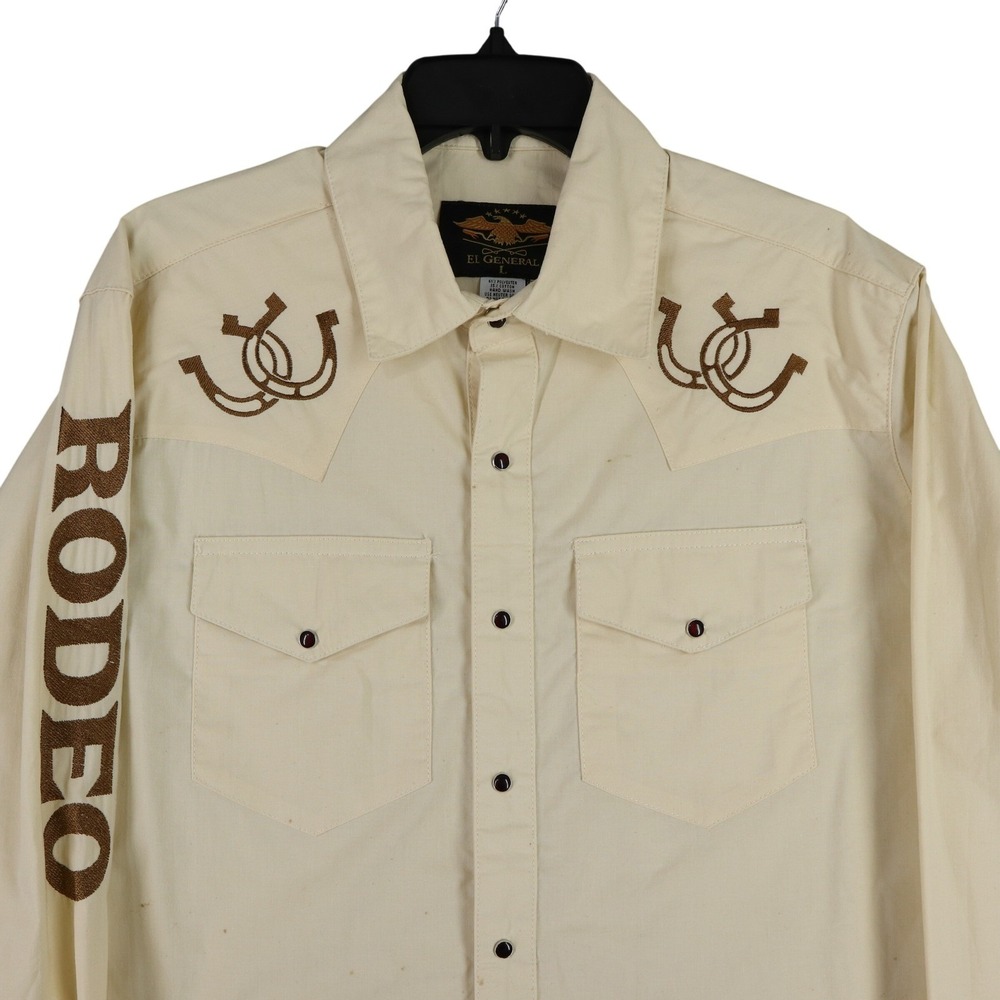 El General Rodeo Western Snap Shirt‎ L Cream Horseshoe Embroidered Cowboy Ranch